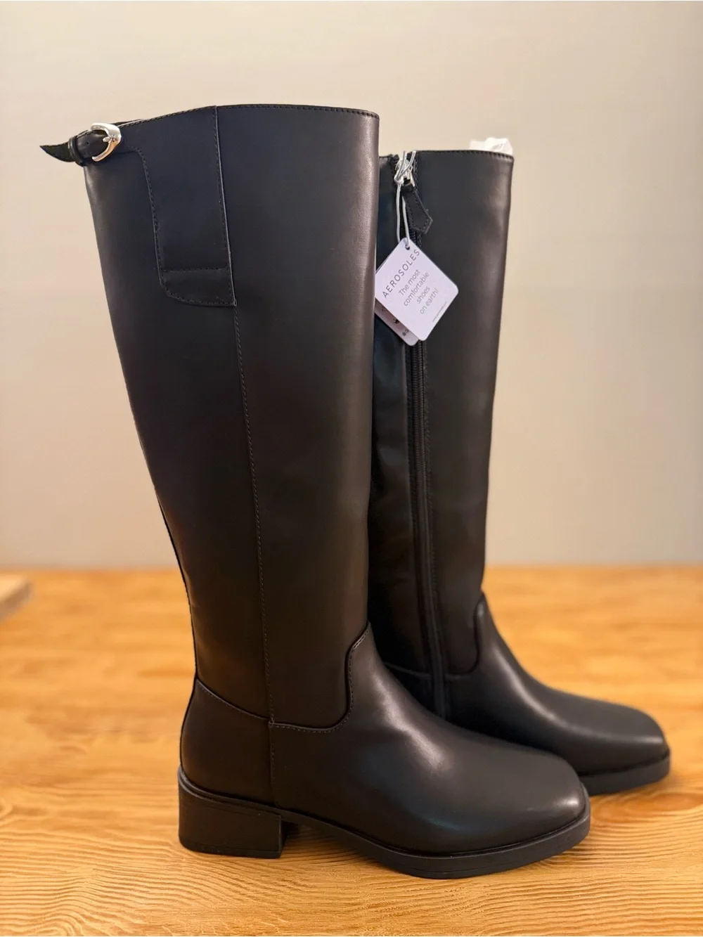 AEROSOLES Black Over-the-Knee Riding Boots with Buckle Accent
